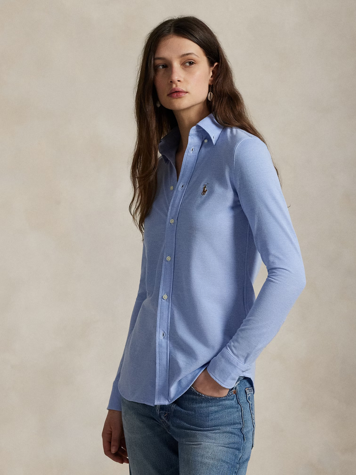 RALPH LAUREN WOMEN Slim Fit Knit Cotton Oxford Shirt Blue - MAISONDEFASHION.COM