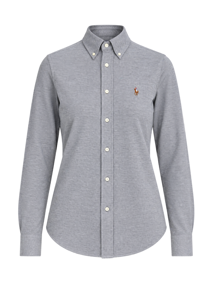 RALPH LAUREN WOMEN Slim Fit Knit Cotton Oxford Shirt Newport Navy/White