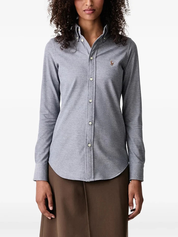RALPH LAUREN WOMEN Slim Fit Knit Cotton Oxford Shirt Newport Navy/White