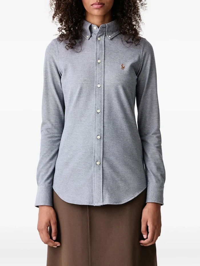RALPH LAUREN WOMEN Slim Fit Knit Cotton Oxford Shirt Newport Navy/White