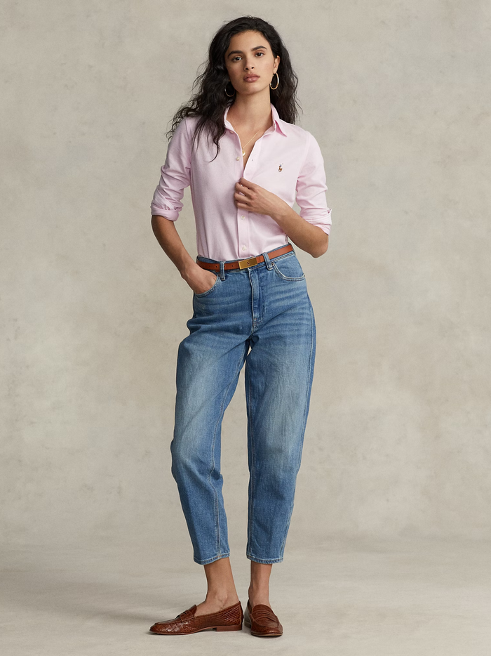 RALPH LAUREN WOMEN Slim Fit Knit Cotton Oxford Shirt Pink - MAISONDEFASHION.COM