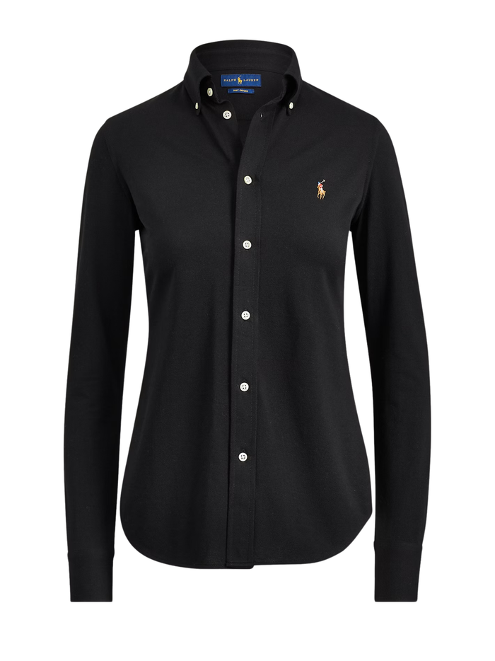 RALPH LAUREN WOMEN Slim Fit Knit Cotton Oxford Shirt Polo Black - MAISONDEFASHION.COM