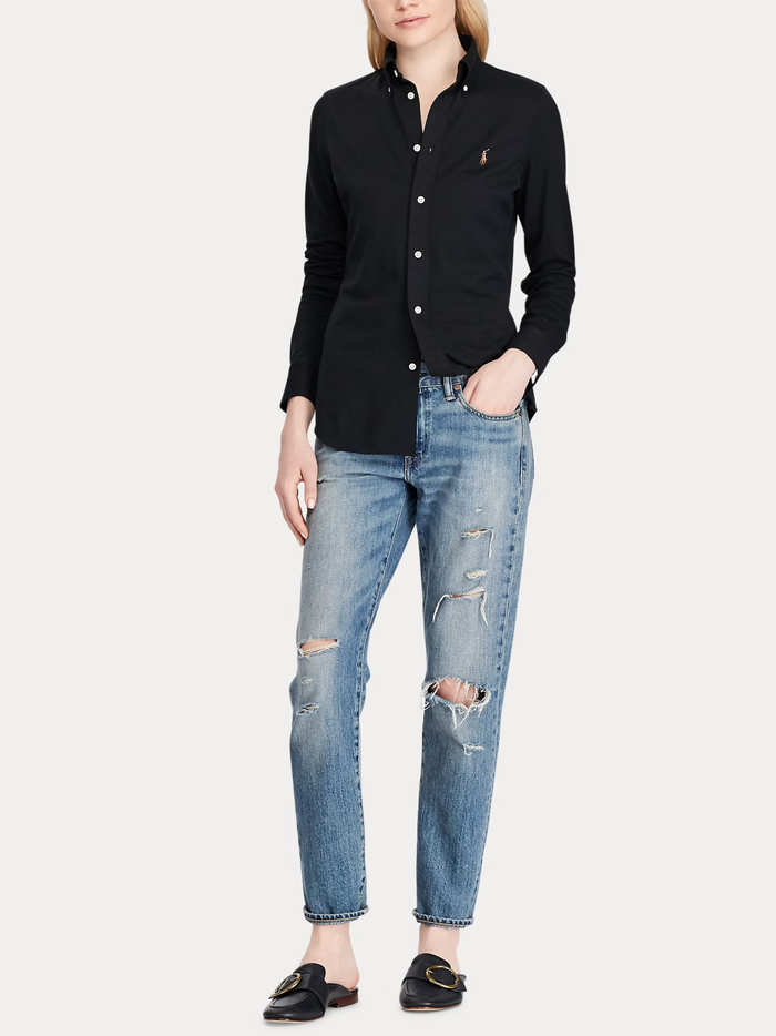 RALPH LAUREN WOMEN Slim Fit Knit Cotton Oxford Shirt Polo Black - MAISONDEFASHION.COM