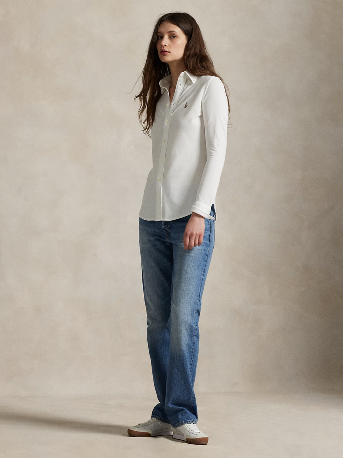 RALPH LAUREN WOMEN Slim Fit Knit Cotton Oxford Shirt White - MAISONDEFASHION.COM