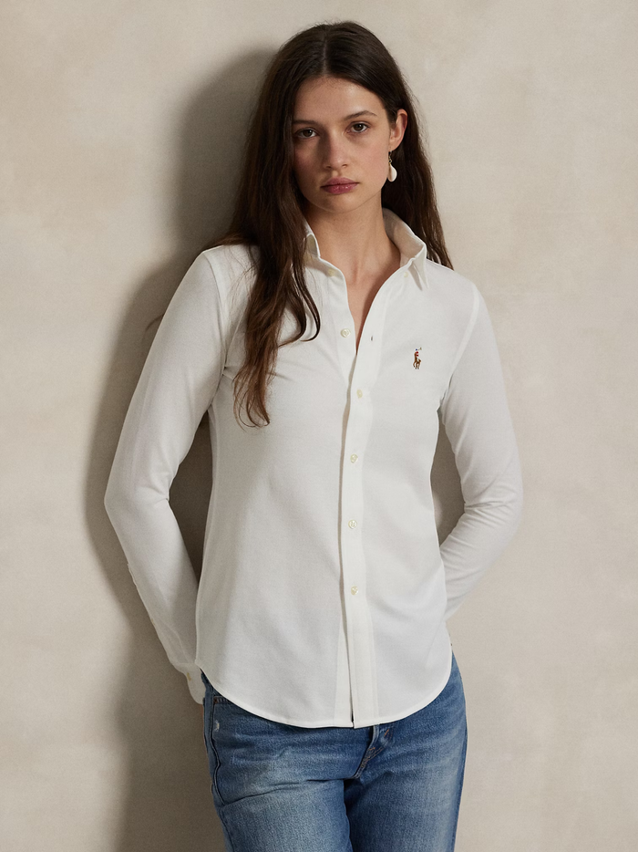RALPH LAUREN WOMEN Slim Fit Knit Cotton Oxford Shirt White - MAISONDEFASHION.COM