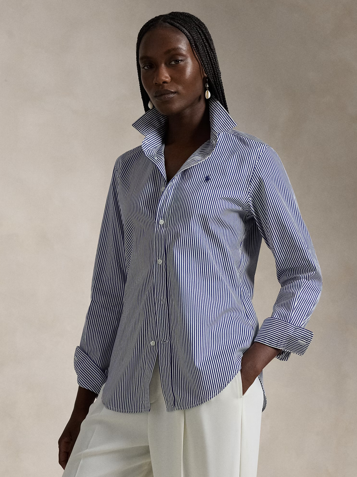 RALPH LAUREN WOMEN Slim Fit Striped Cotton Shirt White/Autumn Royal - MAISONDEFASHION.COM