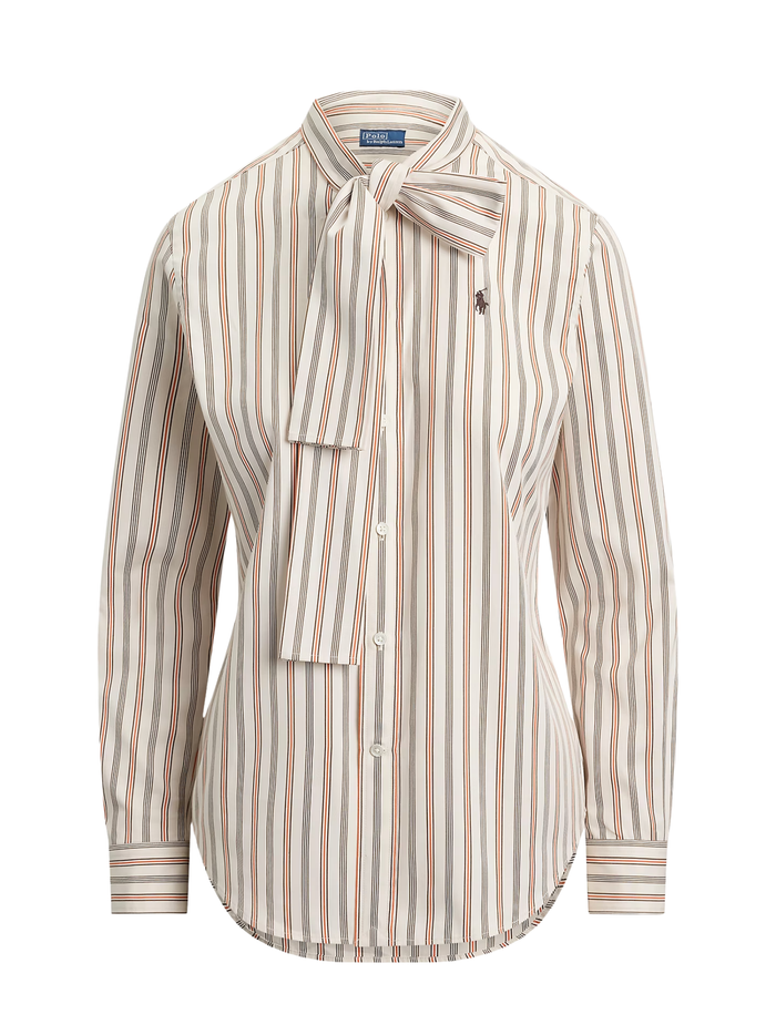 RALPH LAUREN WOMEN Slim Fit Striped Cotton Tie-Neck Shirt Cream/Red