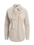 RALPH LAUREN WOMEN Slim Fit Striped Cotton Tie-Neck Shirt Cream/Red