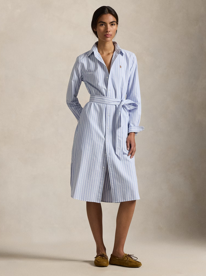 RALPH LAUREN WOMEN Striped Cotton Oxford Belted Shirt Dress Harbour Island Blue/White