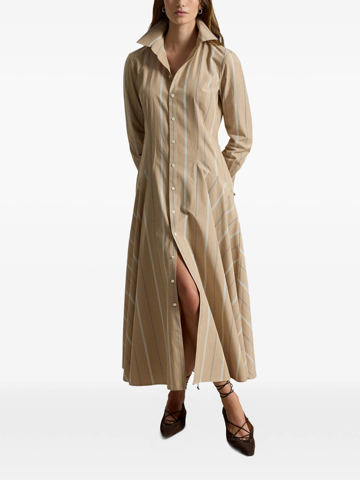 RALPH LAUREN WOMEN Striped Cotton Panelled Shirtdress Tan