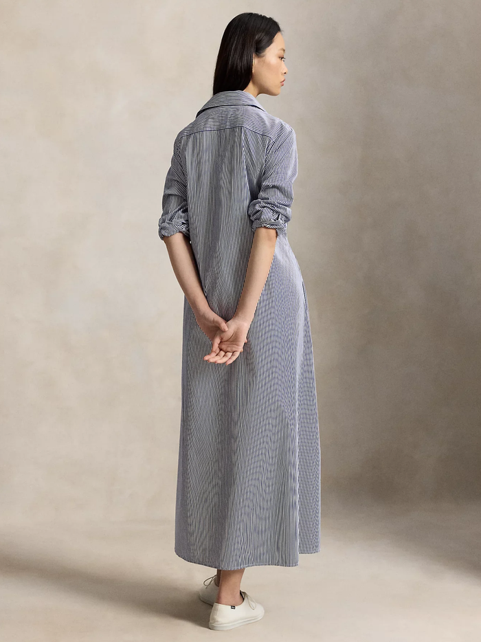 RALPH LAUREN WOMEN Striped Cotton Tie-waist Shirtdress White/Fall Royal