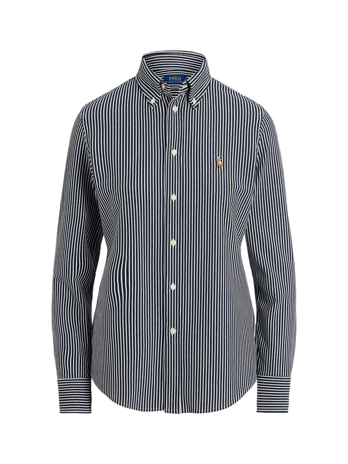 RALPH LAUREN WOMEN Striped Knit Oxford Cotton Shirt Hunter Navy/White