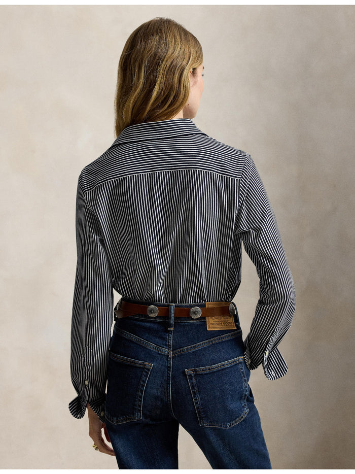 RALPH LAUREN WOMEN Striped Knit Oxford Cotton Shirt Hunter Navy/White