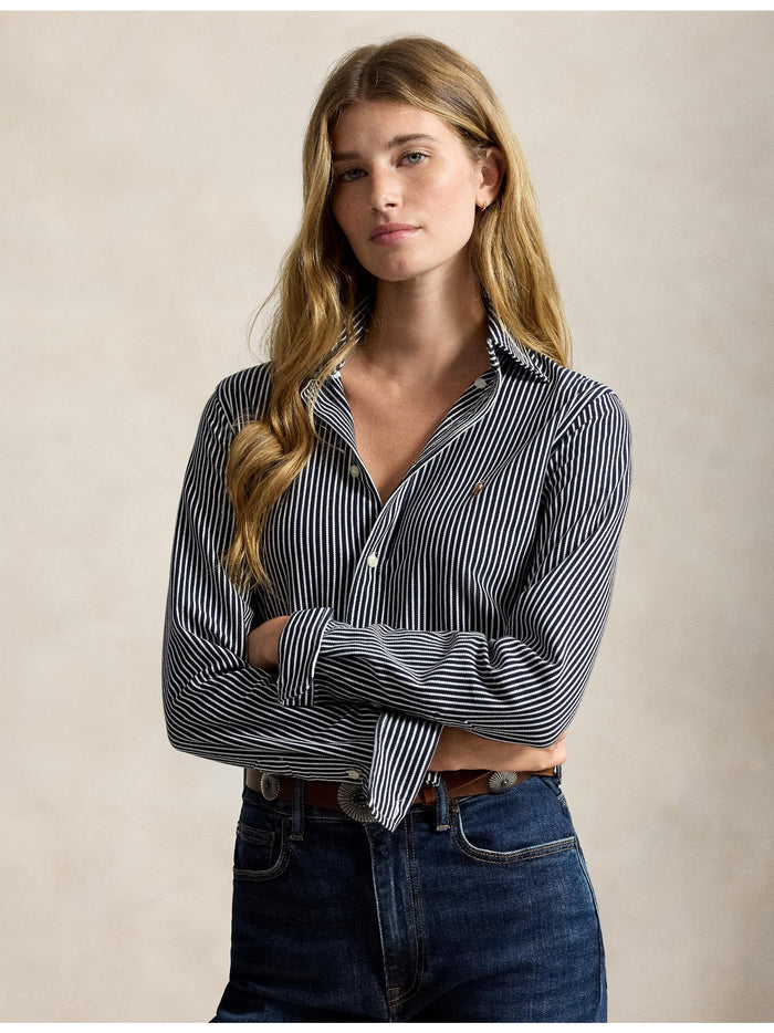 RALPH LAUREN WOMEN Striped Knit Oxford Cotton Shirt Hunter Navy/White