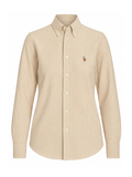 RALPH LAUREN WOMEN Striped Knit Oxford Cotton Shirt Polo Tan/White