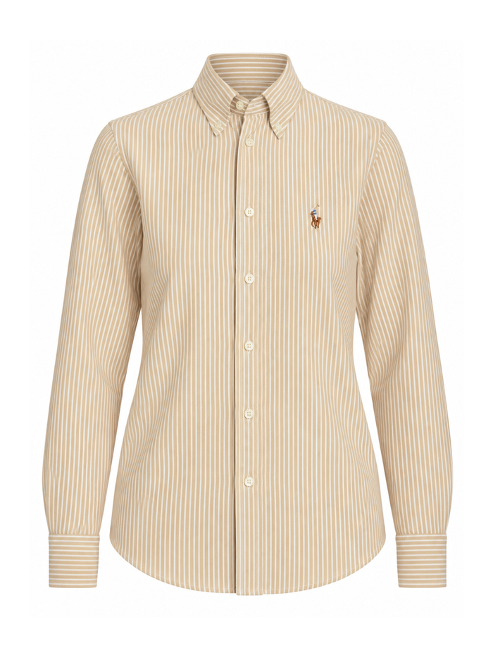 RALPH LAUREN WOMEN Striped Knit Oxford Cotton Shirt Polo Tan/White