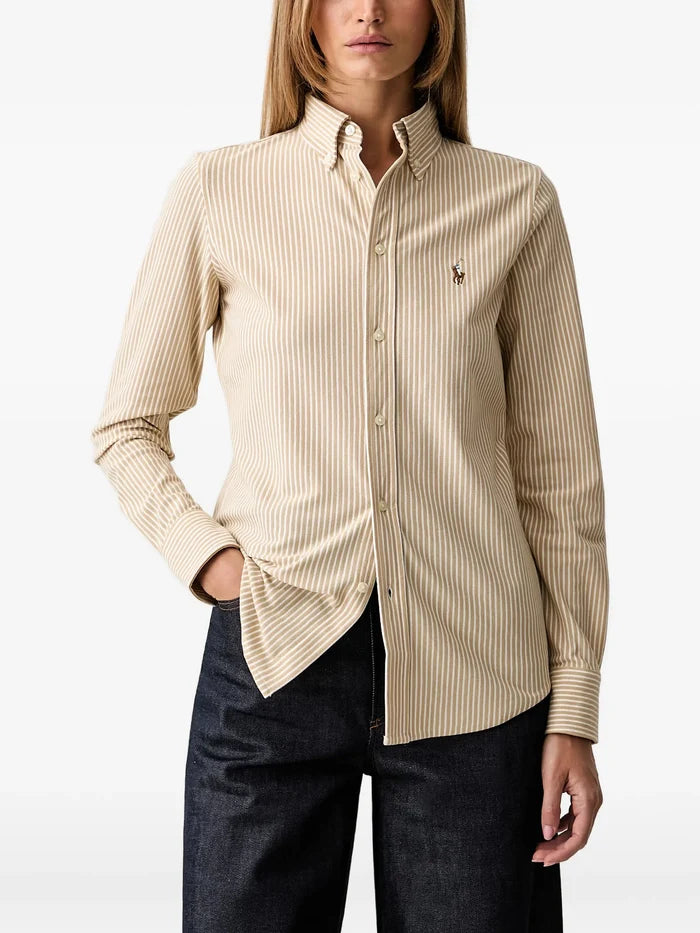 RALPH LAUREN WOMEN Striped Knit Oxford Cotton Shirt Polo Tan/White
