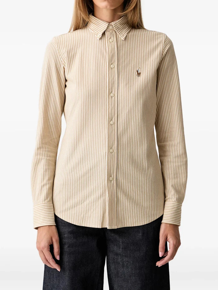 RALPH LAUREN WOMEN Striped Knit Oxford Cotton Shirt Polo Tan/White