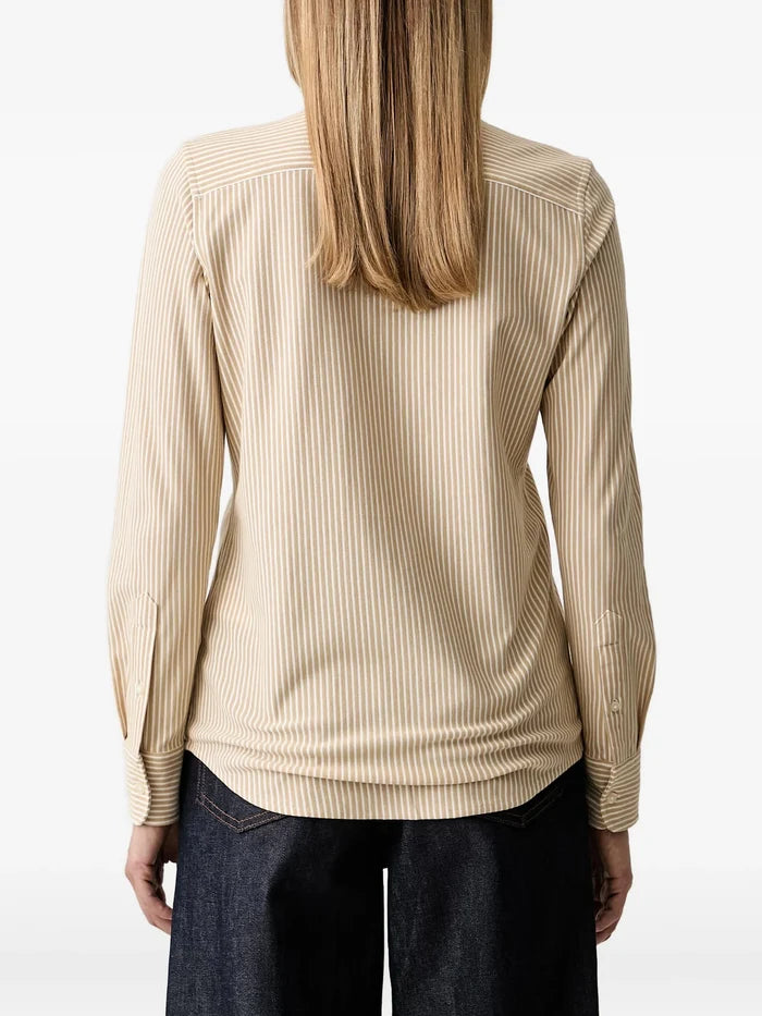 RALPH LAUREN WOMEN Striped Knit Oxford Cotton Shirt Polo Tan/White