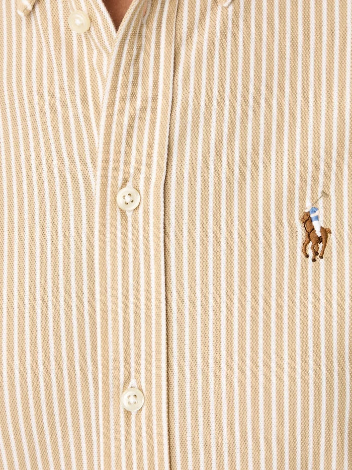 RALPH LAUREN WOMEN Striped Knit Oxford Cotton Shirt Polo Tan/White
