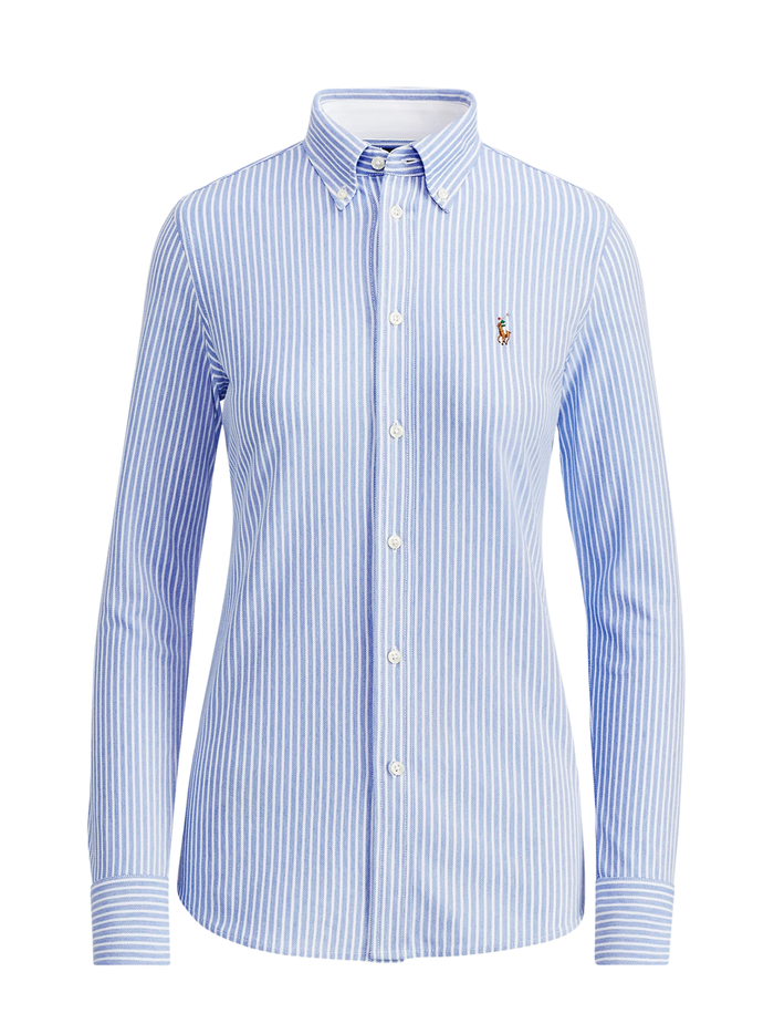 RALPH LAUREN WOMEN Striped Knit Oxford Shirt Blue/White - MAISONDEFASHION.COM