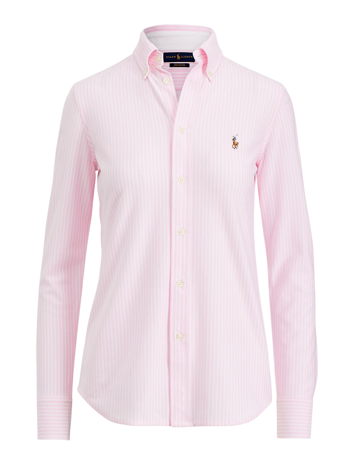RALPH LAUREN WOMEN Striped Knit Oxford Shirt Pink/White - MAISONDEFASHION.COM