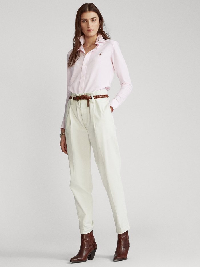 RALPH LAUREN WOMEN Striped Knit Oxford Shirt Pink/White - MAISONDEFASHION.COM