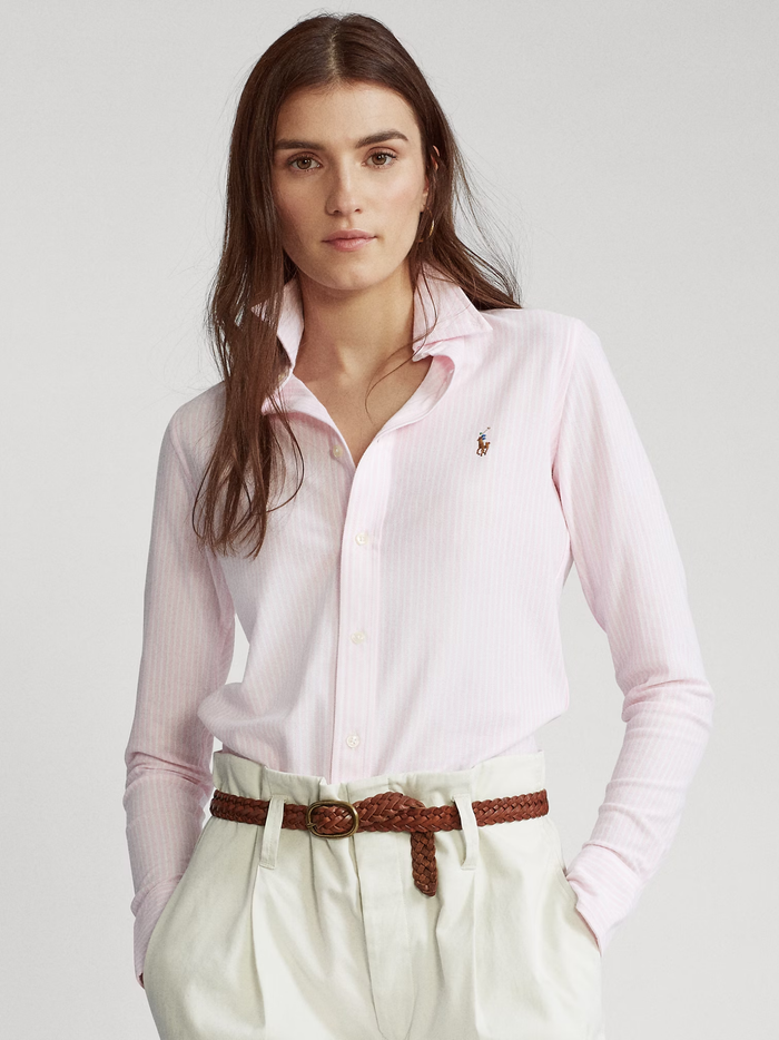 RALPH LAUREN WOMEN Striped Knit Oxford Shirt Pink/White - MAISONDEFASHION.COM