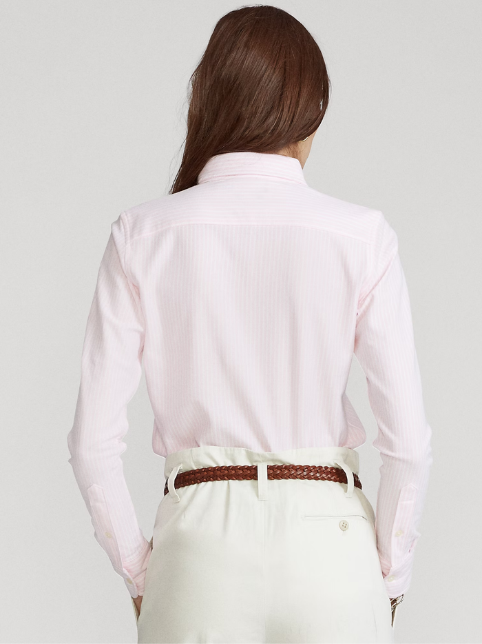 RALPH LAUREN WOMEN Striped Knit Oxford Shirt Pink/White - MAISONDEFASHION.COM