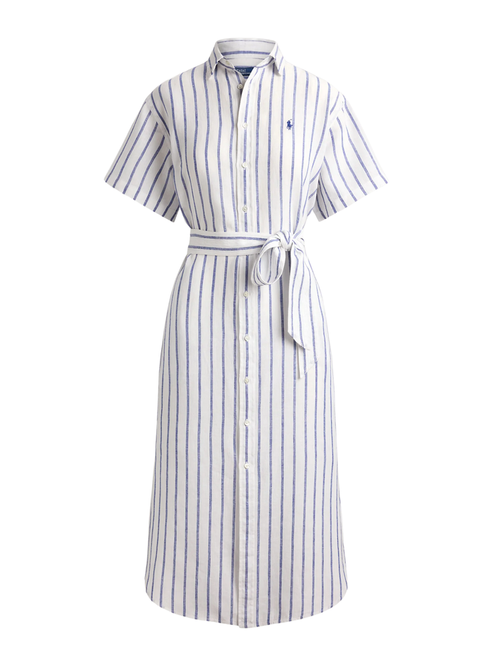 RALPH LAUREN WOMEN Striped Linen Short-sleeve Shirtdress White/Royal