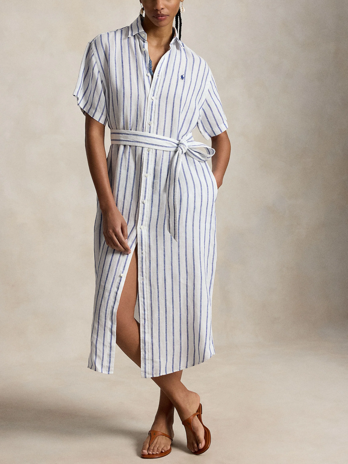 RALPH LAUREN WOMEN Striped Linen Short-sleeve Shirtdress White/Royal