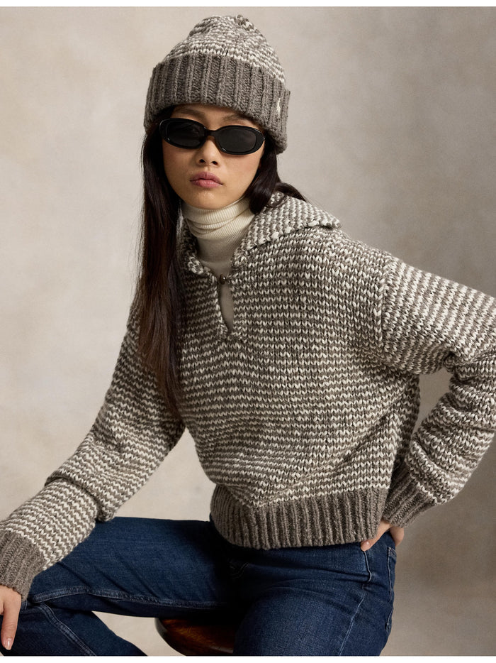 RALPH LAUREN WOMEN Striped Wool-Blend Beanie Grey/Cream