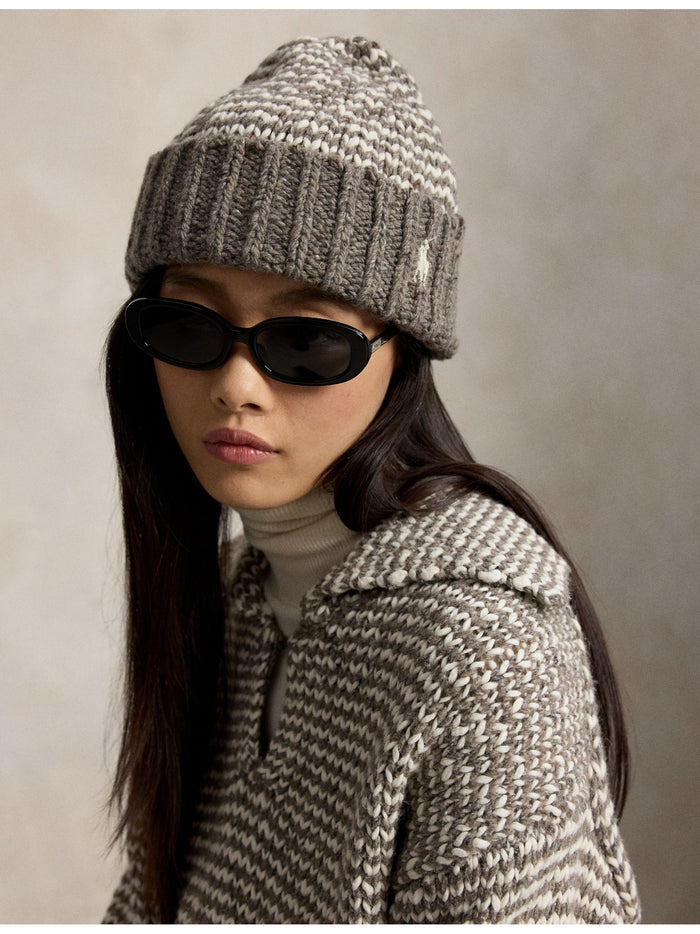 RALPH LAUREN WOMEN Striped Wool-Blend Beanie Grey/Cream