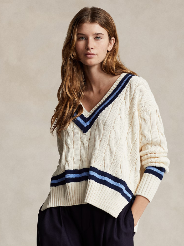 RALPH LAUREN WOMEN The Iconic Cricket Jumper Cream/Navy Stripe
