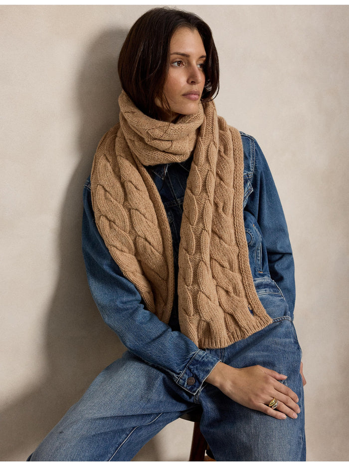 RALPH LAUREN WOMEN Wide-Cable-Knit Wool Scarf Camel