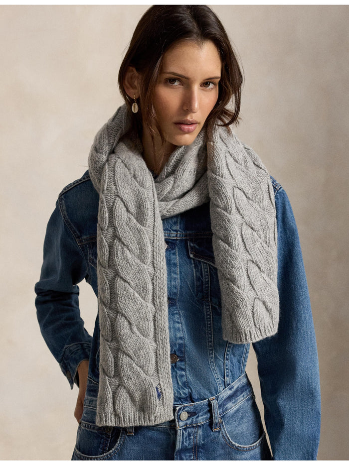 RALPH LAUREN WOMEN Wide-Cable-Knit Wool Scarf Grey Heather