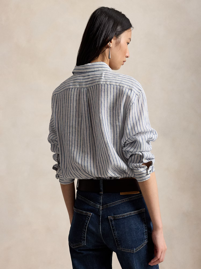 RALPH LAUREN WOMEN Wide Cropped Gingham Linen Shirt Navy Light