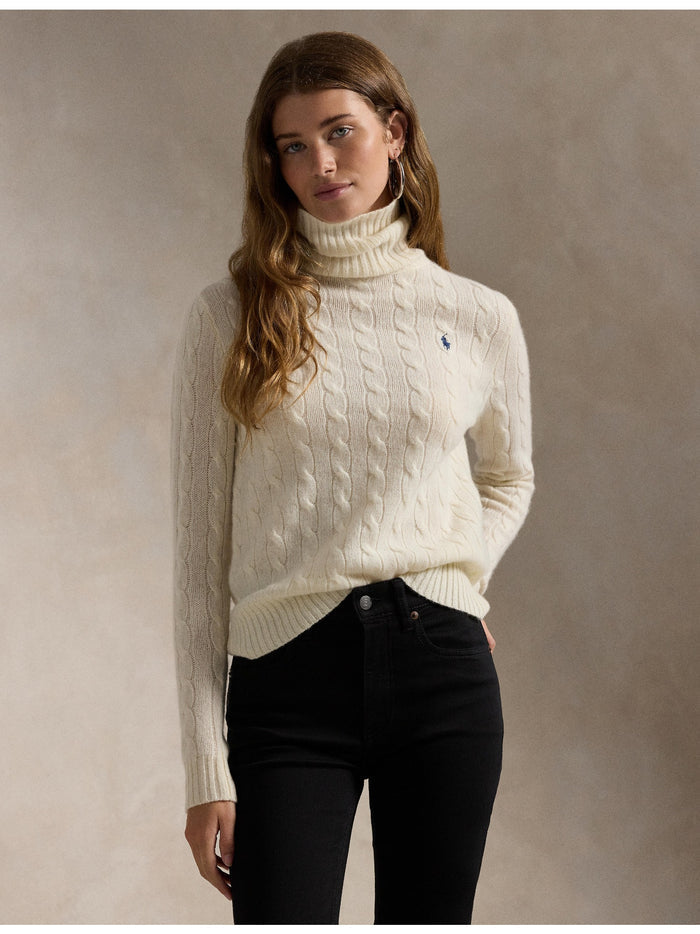 RALPH LAUREN WOMEN Wool-Cashmere Cable Turtleneck Sweater Authentic Cream