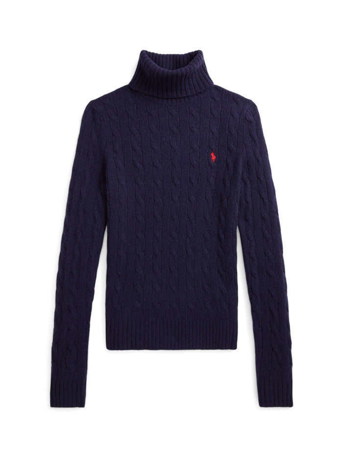 RALPH LAUREN WOMEN Wool-Cashmere Cable Turtleneck Sweater Hunter Navy