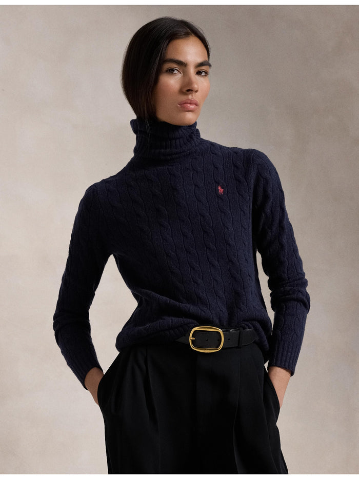 RALPH LAUREN WOMEN Wool-Cashmere Cable Turtleneck Sweater Hunter Navy