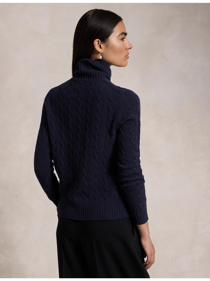 RALPH LAUREN WOMEN Wool-Cashmere Cable Turtleneck Sweater Hunter Navy