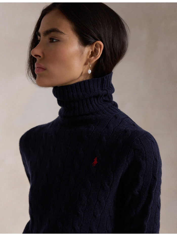 RALPH LAUREN WOMEN Wool-Cashmere Cable Turtleneck Sweater Hunter Navy