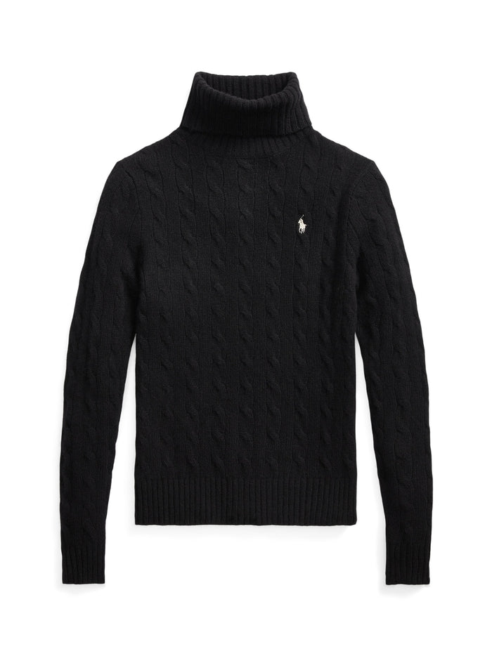 RALPH LAUREN WOMEN Wool-Cashmere Cable Turtleneck Sweater Polo Black