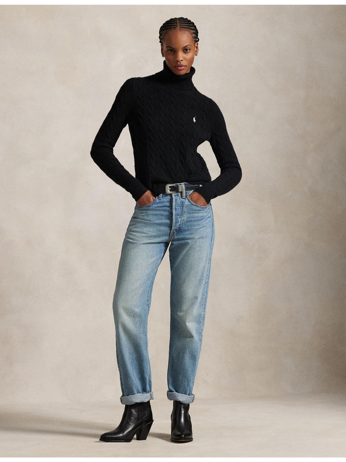 RALPH LAUREN WOMEN Wool-Cashmere Cable Turtleneck Sweater Polo Black