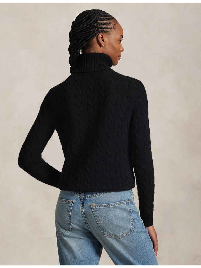 RALPH LAUREN WOMEN Wool-Cashmere Cable Turtleneck Sweater Polo Black