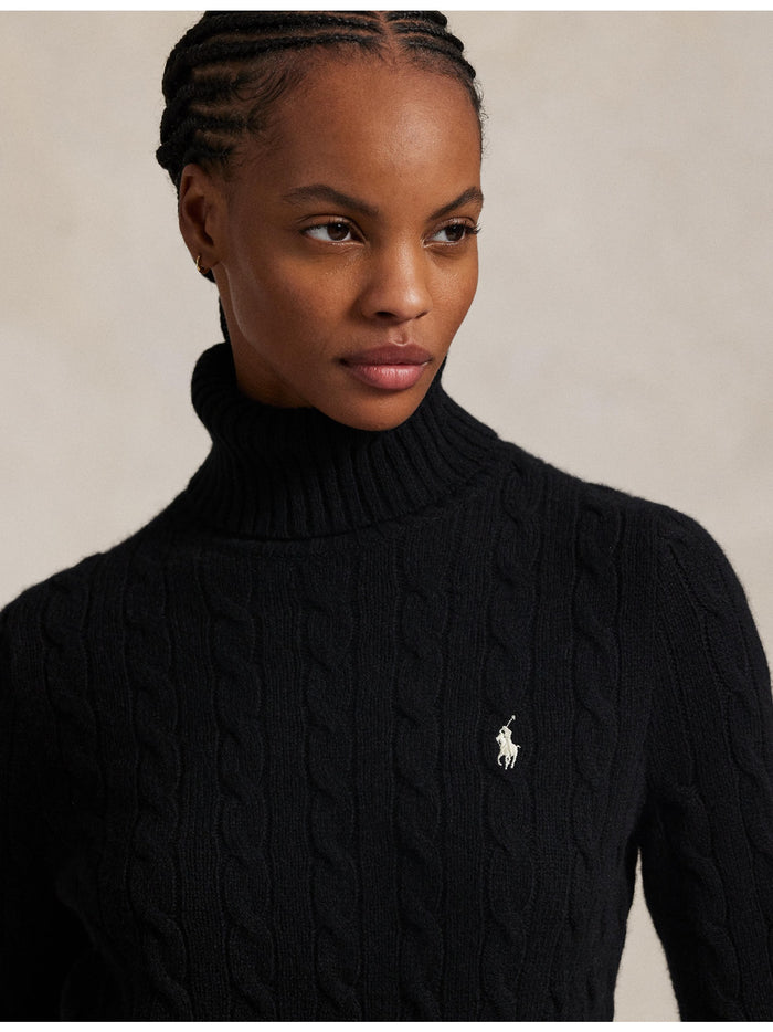 RALPH LAUREN WOMEN Wool-Cashmere Cable Turtleneck Sweater Polo Black