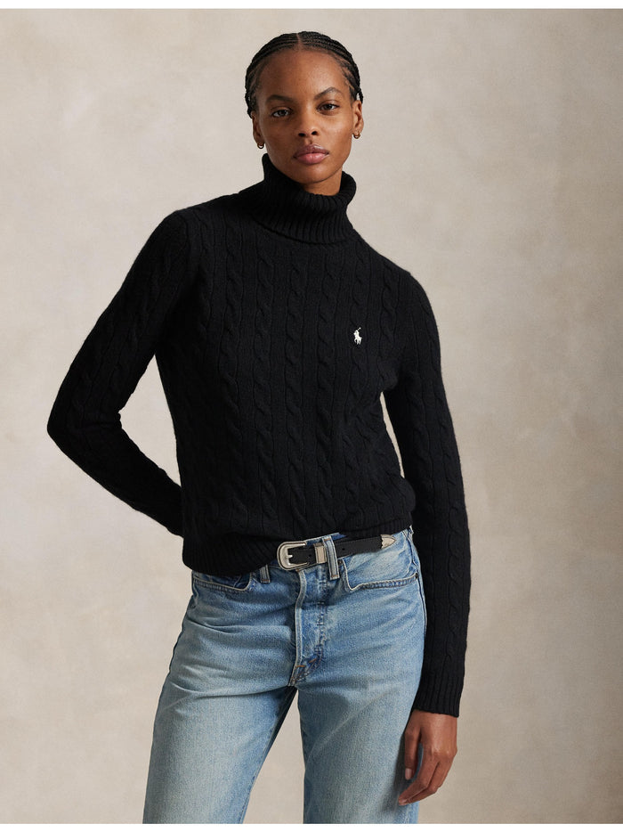 RALPH LAUREN WOMEN Wool-Cashmere Cable Turtleneck Sweater Polo Black