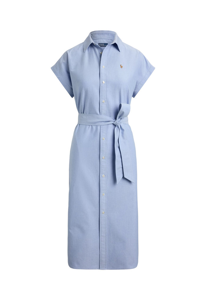 RALPH LAUREN WOMENS Belted Cotton Oxford Shirt Dress Blue - MAISONDEFASHION.COM