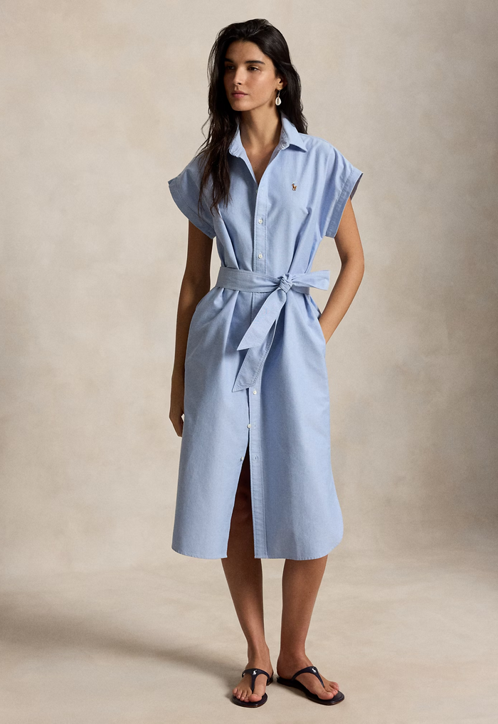 RALPH LAUREN WOMENS Belted Cotton Oxford Shirt Dress Blue - MAISONDEFASHION.COM