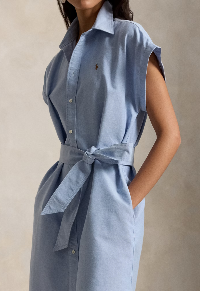 RALPH LAUREN WOMENS Belted Cotton Oxford Shirt Dress Blue - MAISONDEFASHION.COM